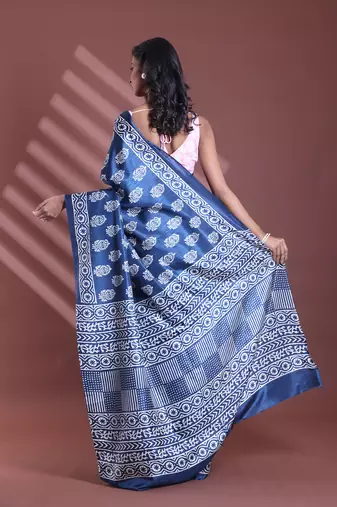 Blue silk soft saree with paisley print
