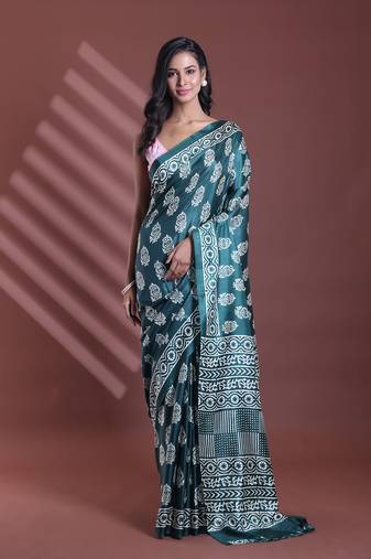 Green silk soft saree with paisley print