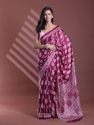 Dark purple silk soft saree with paisley print 1