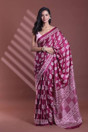 Dark purple silk soft saree with paisley print