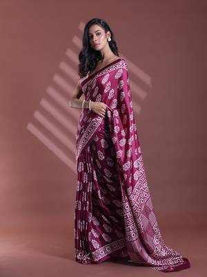 Dark purple silk soft saree with paisley print 2