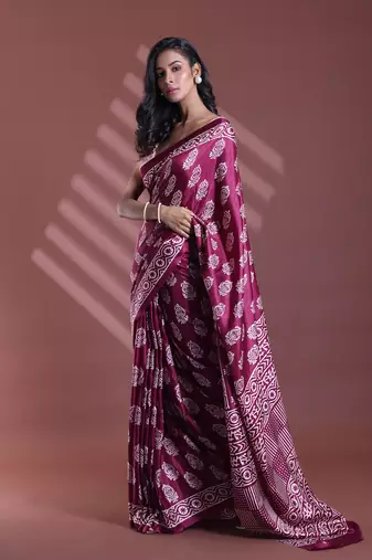 Dark purple silk soft saree with paisley print