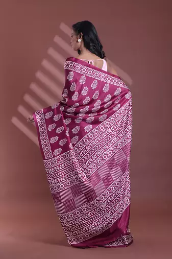 Dark purple silk soft saree with paisley print