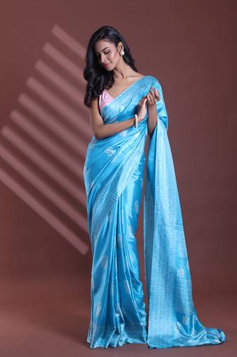 Sky blue silk soft saree with paisley print
