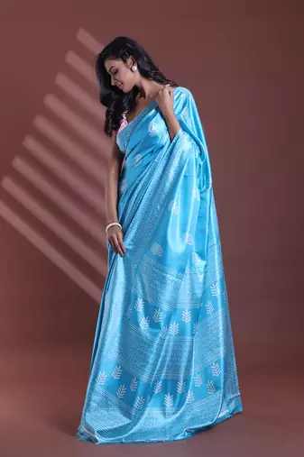 Sky blue silk soft saree with paisley print