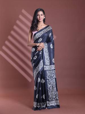 Black silk soft saree with texture print 1