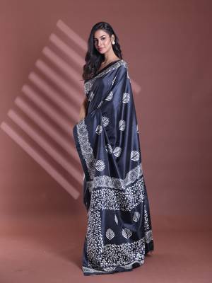 Black silk soft saree with texture print 2