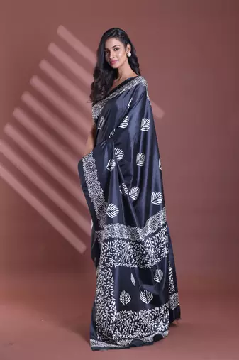 Black silk soft saree with texture print