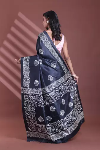 Black silk soft saree with texture print