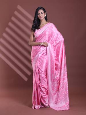 Pink silk soft saree with texture print 1