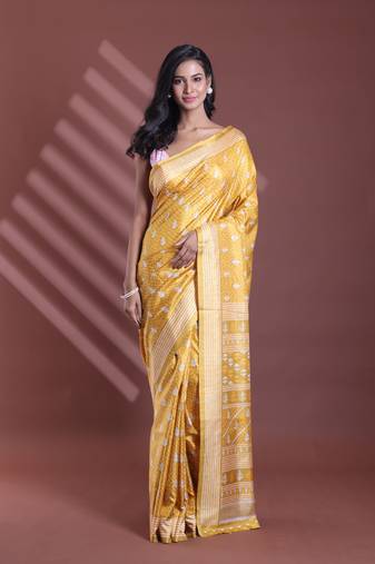 Mustard silk soft saree with texture print