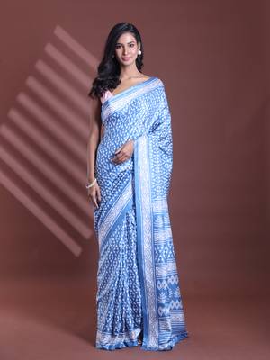 Sapphire blue silk soft saree with texture print 1