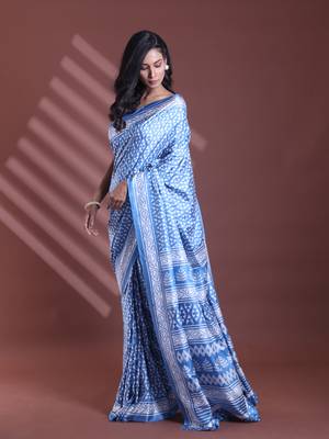 Sapphire blue silk soft saree with texture print 2