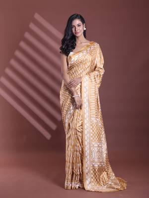 Ochre yellow silk soft saree with abstract print 1