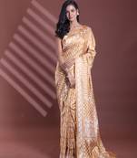 Ochre yellow silk soft saree with abstract print