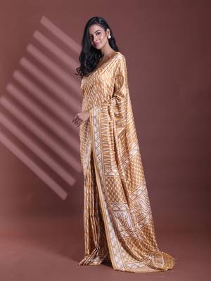 Ochre yellow silk soft saree with abstract print 2