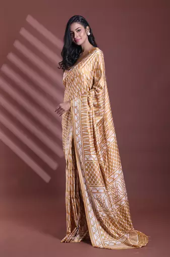 Ochre yellow silk soft saree with abstract print