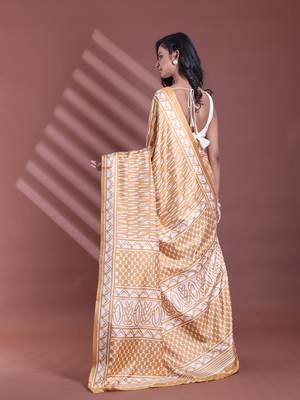 Ochre yellow silk soft saree with abstract print 3