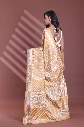 Ochre yellow silk soft saree with abstract print