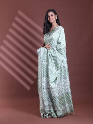 Mint green silk soft saree with abstract print 2