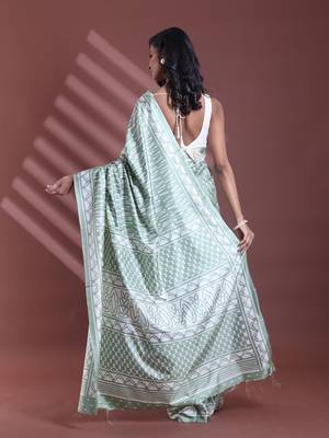 Mint green silk soft saree with abstract print 3