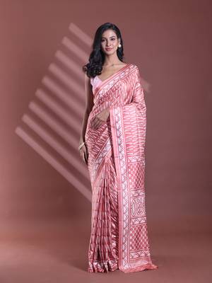Blush peach silk soft saree with abstract print 1