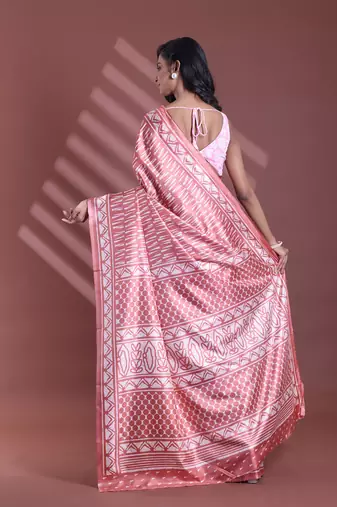 Blush peach silk soft saree with abstract print