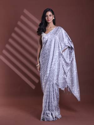 Steel grey silk soft saree with abstract print 1