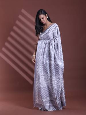 Steel grey silk soft saree with abstract print 2