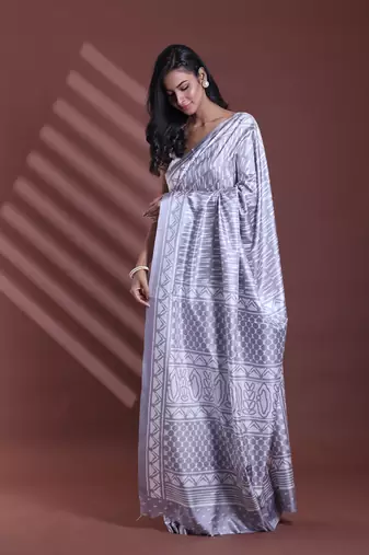 Steel grey silk soft saree with abstract print