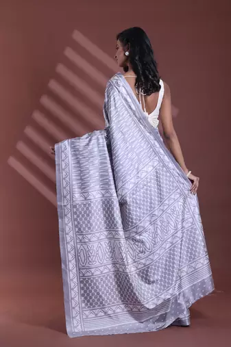 Steel grey silk soft saree with abstract print