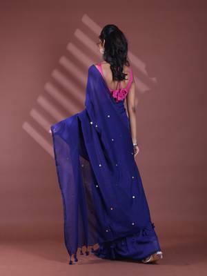 Blue pure cotton soft saree with sequined work 3