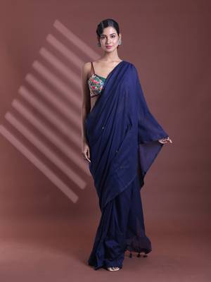 Navy blue pure cotton soft saree with sequined work 1