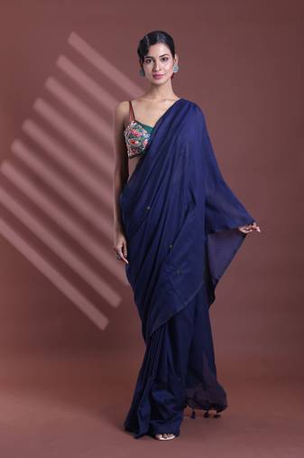 Navy blue pure cotton soft saree with sequined work