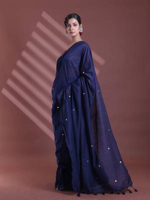 Navy blue pure cotton soft saree with sequined work 2