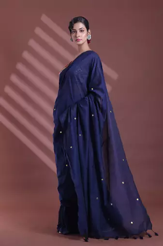 Navy blue pure cotton soft saree with sequined work
