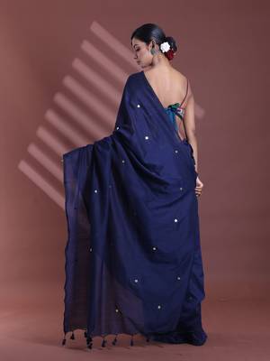 Navy blue pure cotton soft saree with sequined work 3