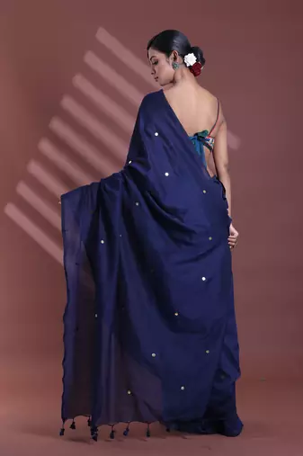 Navy blue pure cotton soft saree with sequined work