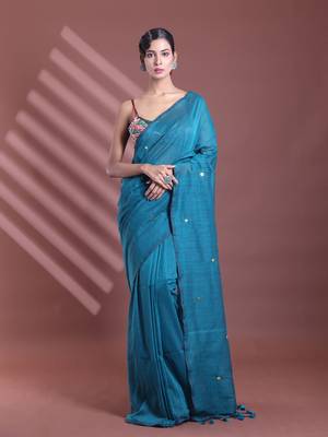 Teal pure cotton soft saree with sequined work 1