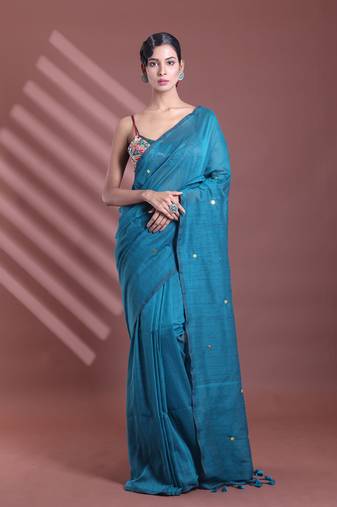 Teal pure cotton soft saree with sequined work