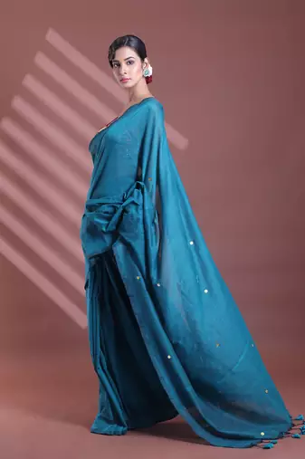 Teal pure cotton soft saree with sequined work