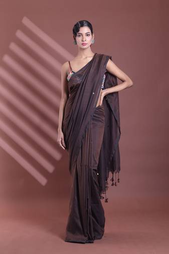 Brown pure cotton soft saree with sequined work