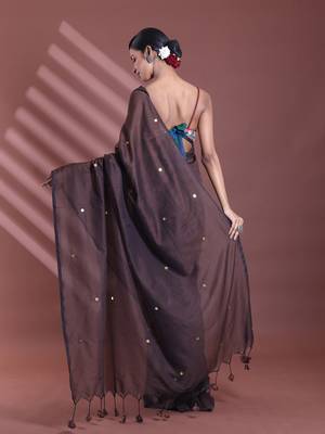 Brown pure cotton soft saree with sequined work 3