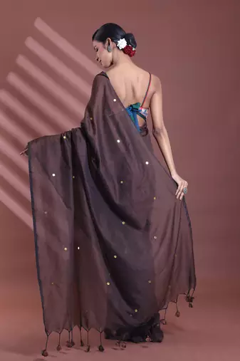 Brown pure cotton soft saree with sequined work