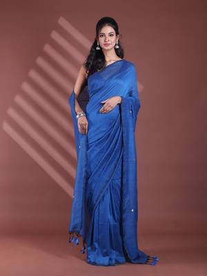 Sapphire blue pure cotton soft saree with sequined work 1