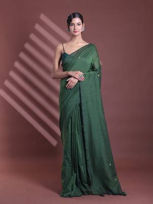 Moss green pure cotton soft saree with sequined work 1