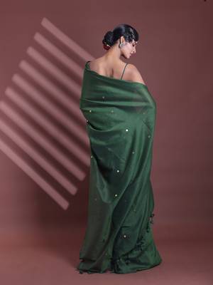 Moss green pure cotton soft saree with sequined work 3