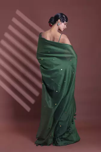 Moss green pure cotton soft saree with sequined work