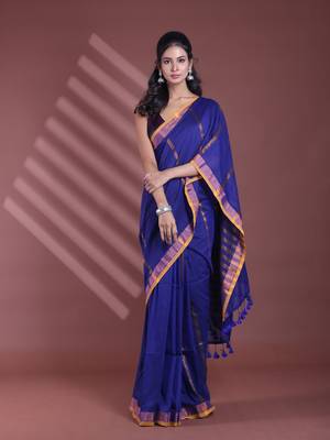Blue pure cotton zari stripe soft saree with zari border 1