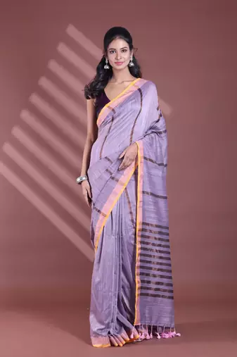 Grey pure cotton zari stripe soft saree with zari border